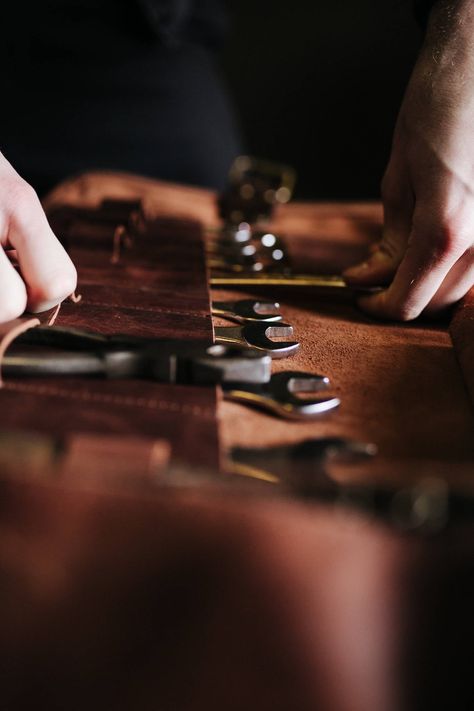 Give your treasured tools the home they deserve. As leather craftsmen ourselves, we know we are only as good as our tools and quality tools need quality care. That is why we are so excited to bring you our line of luxurious cowhide leather tool rolls. These are genuine leather tool rolls handcrafted by us. Designed to carry a heavy load, there are multiple slots for different tools to keep them organised. Cover flaps ensure the tools are separate to minimise accidental scratches. A YKK zipper co Storage For Tools, Workshop Photography, Leather Tool Roll, Tools Organizer, Car Accessories For Guys, Trunk Organizer, Tool Roll, Leather Storage, Leather Craftsmen