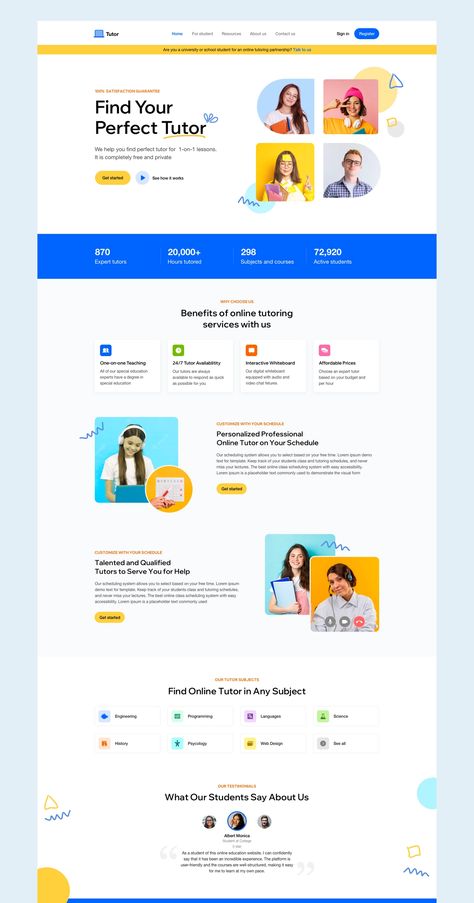 Website Designs Layout, Online Tutor Website Design, Website Landing Page Inspiration, One Page Landing Page Design, Tutoring Website Design, Website Page Layout, Colorful Landing Page, Tutor Website Design, Mobile First Web Design