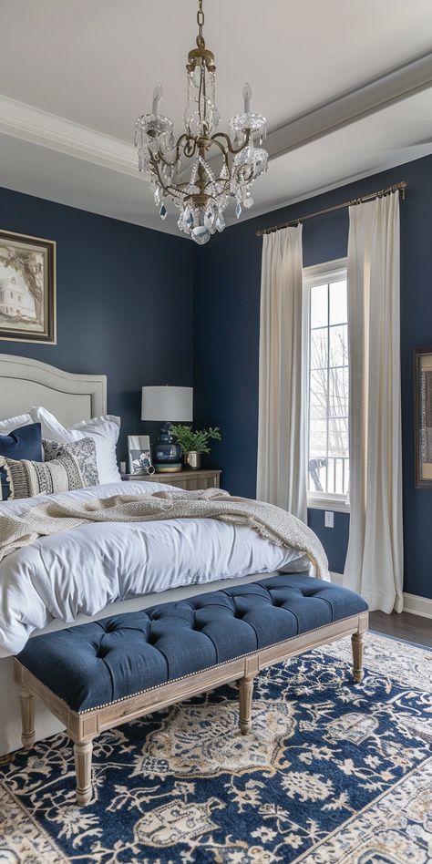 Navy Blue Bedroom, Dark Blue Bedrooms, Navy Blue Bedrooms, Blue Bedrooms, Blue Accent Walls, Blue Bedroom Decor, Bedrooms Decor, Gray Bedroom, Blue Rooms