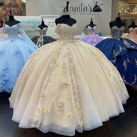 Anita’s Bridal (@anitasbridal) posted on Instagram: “YOUR FAVORITE XV DESIGNERS ARE AVAILABLE @anitasbridal ✨ 1038 Santee St LA CA 90015 OPEN SEVEN DAYS A WEEK!!!” • Jun 10, 2021 at 1:28am UTC Champagne Quince Dresses, Quinceanera Dresses Off The Shoulder, Champagne Quinceanera Dresses, White Quinceanera Dresses, Xv Dresses, Ball Gown Quinceanera Dresses, Quince Themes, Quinceanera Dresses Gold, Quinceanera Themes Dresses