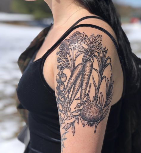 Vegetable Tattoo Sleeve, Fruit And Vegetable Tattoo, Bouquet Garni Tattoo, Horticulture Tattoo, Vegetable Garden Tattoo, Salad Tattoo, Allium Tattoo, Macro Tattoo, Vegetables Tattoo