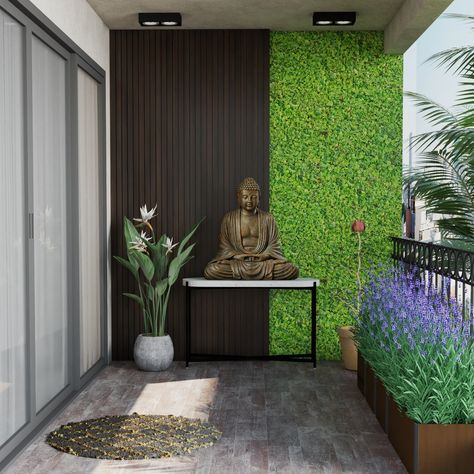 Balcony Wall Panelling, Low Floor Bed, Balcony Oasis, Textured Ceiling, Buddha Idol, Wooden Panelling, Black Console Table, Ceiling Texture, Grass Wall