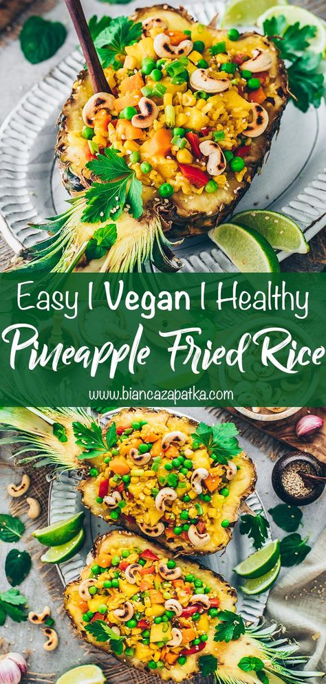 Thai Pineapple Fried Rice This easy Thai Pineapple Fried Rice is gluten-free, vegan (meat-less, egg-less) and bursting with delicious sweet, spicy, and tangy flavors! A scrumptious Asian side dish with a tropical flair easily done in just 30 minutes using one pot only. Vegan Pineapple Fried Rice Recipe, Tropical Vegan Recipes, Vegan Pineapple Fried Rice, Fried Rice Vegan, Thai Pineapple Fried Rice, Pineapple Fried Rice Recipe, Vegetarian Rice Recipes, Pineapple Curry, Vegan Picnic