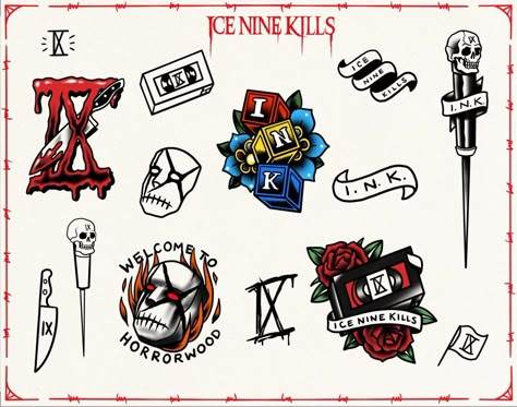 King For A Day Pierce The Veil Tattoo, I’ve Nine Kills Tattoo, Band Tattoo Flash Sheet, Killswitch Engage Tattoo, Ice Nine Kills Drawing, Ice Nine Kills Art, Ice Nine Kills Tattoo Ideas, Emo Band Tattoos, Ice Nine Kills Aesthetic