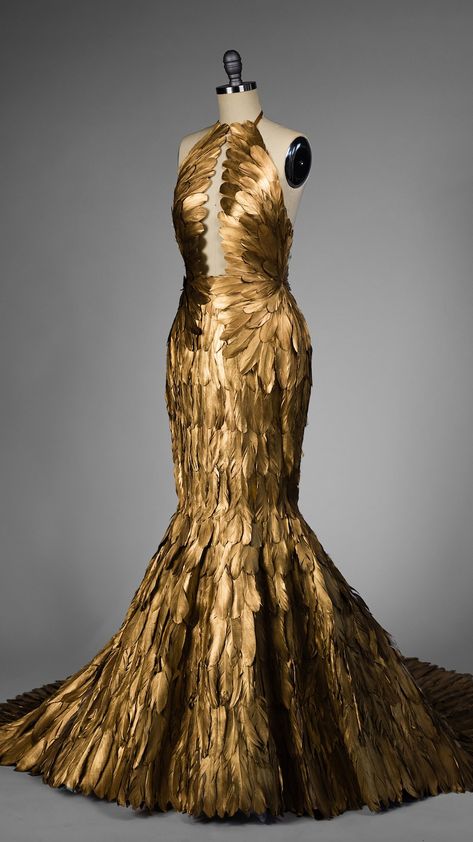 Gold Gilded Feather Couture Mermaid Gown - Etsy Feather Fashion Design, Gold Gown Aesthetic, Gold Feather Dress, Feather Evening Gown, Golden Ball Gown, Feather Couture, Feathered Dress, Gown Aesthetic, Golden Mermaid