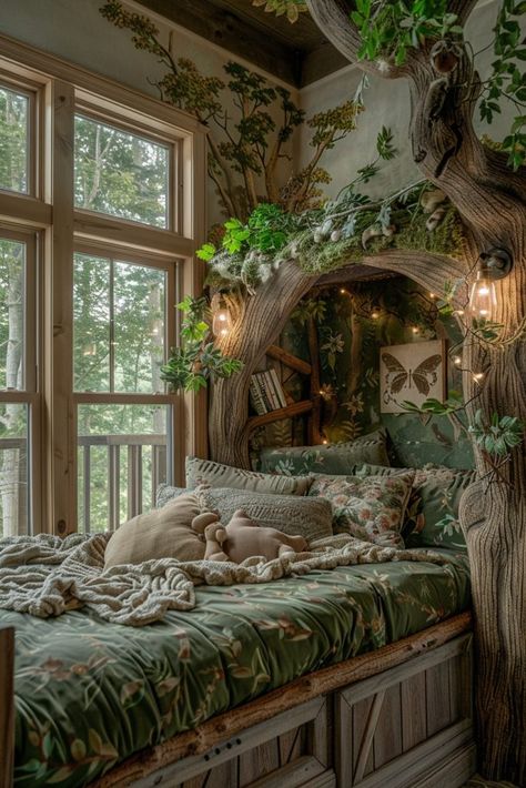 29 Kids Room Ideas 11 Enchanted Forest Bedroom Ideas, Forest Bedroom Ideas, Enchanted Forest Bedroom, Tree Murals, Fairytale Room, Coastal Bedroom Ideas, Forest Bedroom, Cottage Core Room, Diy Moss