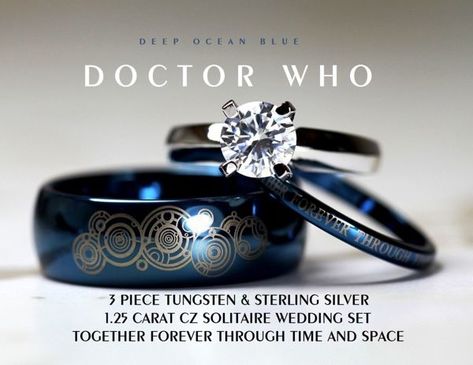 When two sci-fi geeks wed, they have a common interest that will give them plenty to talk about for the rest of their lives. And they might want to show their love with a Doctor Who-themed wedding ring set! Not only is this set beautiful, it bears the inscription &ldquo;Together forever through space and time.&rdquo; Get more details on the rings at Fashionably Geek. -via the Neatorama Facebook page.... Solitaire Wedding Set, Dr Who Wedding, Cz Wedding Ring Sets, Doctor Who Wedding, His And Her Wedding Rings, Forever Wedding, Mad Man, Wolfram, Matt Smith