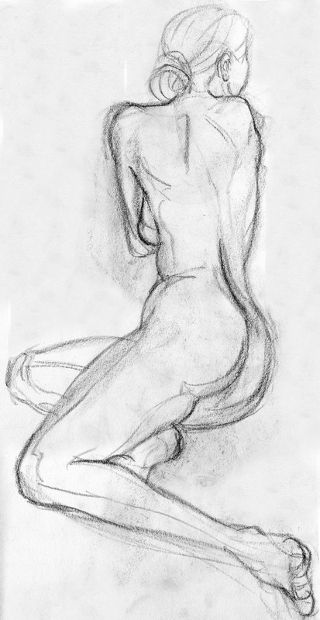 Woman Sitting Painting, Kneeling In Dress Reference, Nude Draws Ideas, Female Sketch Drawing, Women Back Drawing, Woman Sitting From Behind, Back Figure Drawing, Woman Walking Drawing, Woman Looking Up Drawing