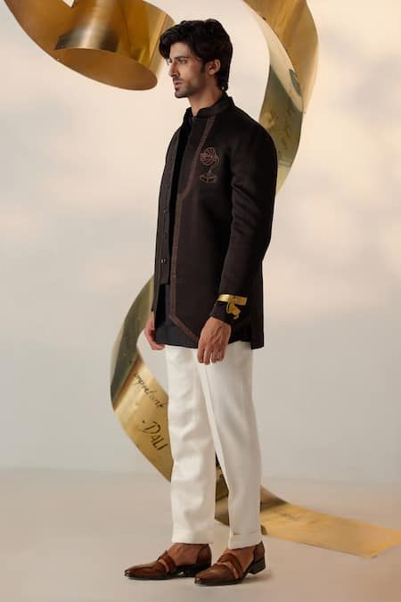 Buy Black Linen Silk Embroidery Roseate Lullaby Gramophone Bandhgala Set For Men by Jatin Malik Online at Aza Fashions. Jatin Malik, Dali Paintings, Royal Look, Indian Man, Tapered Trousers, Indian Wedding Outfits, Black Linen, Monk Strap, Short Jacket