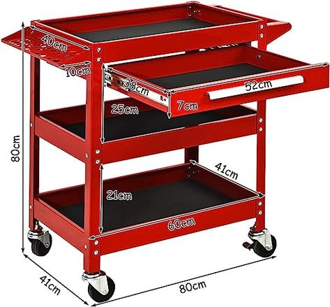 【Enough Storage Space】The cart has three main layers of storage, and the size of each layer is 80×40CM , so you don't have to worry about having nowhere to put your tools. This design allows you to place your tools in an orderly manner on your cart for easy access. 【Sturdy & Stable Construction】Built by heavy duty steel, our tool cart is so durable to weigh up to 150 kg.The bright surface is completed with powder coated finish for superior resistance to rust and corrosion and easy to clean. 【Sma Toolbox Organizer, Tool Carts, Garage Hacks, Tool Trolley, Garage Warehouse, Portable Garage, Organization Cart, Welding Cart, Tool Box Organization