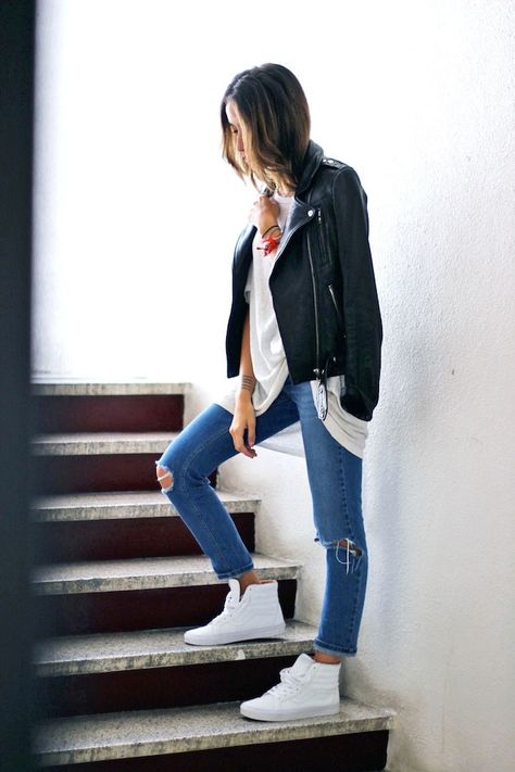 leather moto jacket, white tee, ripped knee jeans & whit hi-top sneakers #style #fashion White Hightop Vans Outfit, Hightop Sneaker Outfits Women, Hightop Sneaker Outfit, Van High Tops Outfit, High Top Vans Outfit, White Outfit Casual, Hightop Vans, High Tops Outfit, White High Top Vans