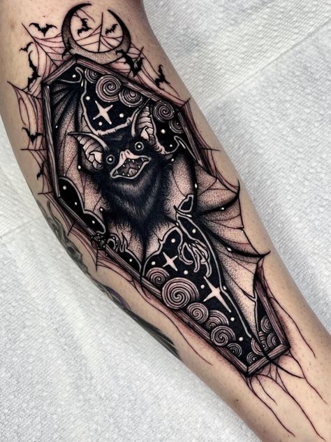 Bat Tattoo Drawing, Traditional Bat Tattoo, Gothic Tattoo Ideas, Chris Tattoo, Coffin Tattoo, Bats Tattoo Design, Shin Tattoo, Bat Tattoo, Wicked Tattoos