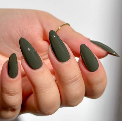 Nail Almond Inspiration, Dark Army Green Nails, Olive Green Aesthetics, Deep Olive Green Nails, Army Green Almond Nails, Evermore Inspired Nails, Olive Green Wedding Nails, Mossy Green Nails, Olive Green And Pink Nails