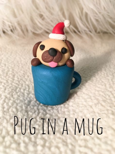 Polymer Clay Pug, Christmas Pug, Clay Magnets, Blue Mug, Clay Christmas, Polymer Clay Ornaments, Christmas Clay, Polymer Clay Christmas, Polymer Clay Jewelry Diy