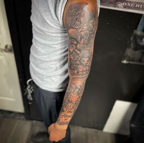 Ig: @harddhustle2 Mens Full Arm Sleeve Tattoo, Left Arm Tattoo Men Full Sleeves, Outer Bicep Tattoo Men Sleeve, Tattoo For Upper Arm, Full Arm Sleeve Tattoo Men, Full Arm Tattoo Men, Outside Forearm Tattoo Men Sleeve, Upper Shoulder Tattoo Men, Upper Arm Tattoos For Guys