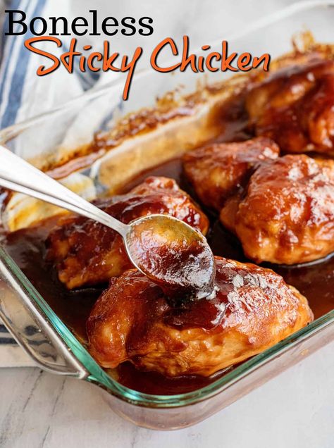 Boneless Sticky Chicken - Southern Plate Chicken Breast In Oven, Sticky Chicken Recipe, Oven Bbq Chicken, Best Barbecue Sauce, Chicken Boneless Breast Recipes, Bbq Chicken Breast, Southern Plate, Baked Bbq Chicken, Sticky Chicken