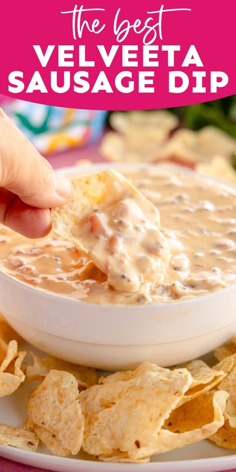 The best velveeta sausage cheese dip! A super easy dip made with cheese, cream cheese, rotel, and sausage! Perfect for game day! Velvets Cheese Dip, Velveta Cheese Dip, Queso With Velveeta, Velveeta Cheese Recipes, Velveeta Sausage Dip, Velveeta Queso Dip, Cream Cheese Rotel, Velveeta Dip, Rotel Dip With Sausage