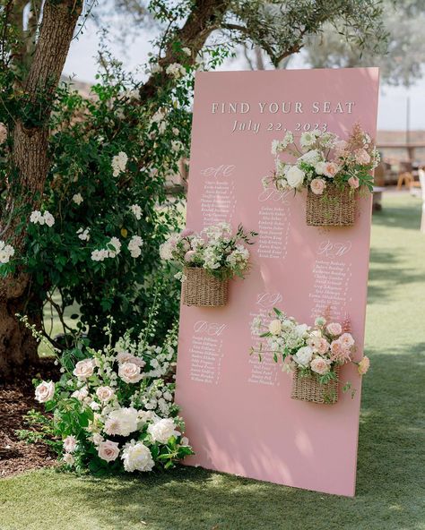 The Lovely List: Wedding Inspo We're Loving Lately Seating Chart Flowers Wedding, Blush Wedding Signage, Wedding Sign And Seating Chart, Spring Seating Chart Wedding, Pink Wedding Signs, Pastel Wedding Seating Chart, Wedding Seating Chart With Flowers, Seating Chart Garden Wedding, Spring Seating Chart