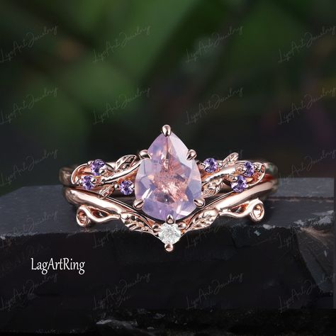 Pear Lavender Amethyst Engagement ring Rose Gold Promise Ring Leaf Nature Inspired Bridal set  Green Feb Gemstone Ring Jewelry gifts Ring Details: - Theme:Romantic Wedding & Engagement - comfortable band - Stone:6*8mm Lavender Amethyst Side stones: amethyst - Total weight: 0.07 ctw (High Quality) - ring band width :1.5mm - ring thicknesses:1.2mm Wedding Band:0.035ct Stones: moissanite - ring band width :1.3mm - ring thicknesses:1.2mm - Metal choose:10k or 14k or 18k rose gold / white gold/yellow gold Service: -Completely Handmade -The highest quality in the industry -Money back guarantee -Materials from ethical sources -10 years of business experience -100% genuine -2-3 Week to finish jewelry -Accept customization We believe that our quality, attention to detail, design and customer servic Fairy Wedding Rings, Rapunzel Ring, Gold Service, Black Opal Engagement Ring, 3mm Ring, Amethyst Wedding Rings, Opal Engagement Ring Set, Amethyst Engagement Ring, Gold Promise Ring