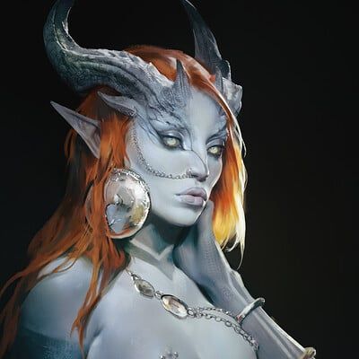 ArtStation - VTMB Fan art, Vetarmora Tiefling Colors, Tiefling Makeup, Tiefling Bg3, Dnd Succubus, Tiefling Blue, Tiefling Horns, Blue Tiefling, Dnd Tiefling, Dragon Makeup