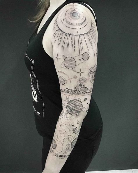 tattoo sleeve space Astronomy Sleeve Tattoo, Space Arm Tattoo, Space Sleeve Tattoo, Tattoo Map, Planets Tattoo, Space Sleeve, Space Tattoo Sleeve, Outer Space Tattoos, Astronomy Tattoo