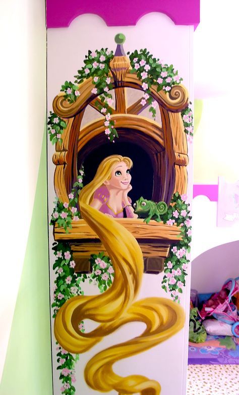 Disney Princess Wall Painting, Disney Mural Bedroom, Disney Princess Mural, Disney Wall Painting, Rapunzel Room, Princess Mural, Disney Mural, Kids Mural, Castle Bedroom