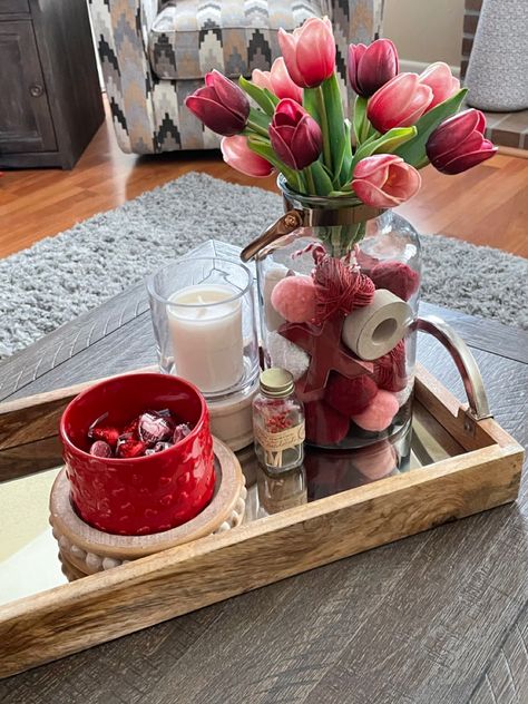 Valentines Center Piece Ideas, Valentine Day Table Centerpieces, Valentine Apartment Decor, Center Piece For Dining Table Valentines, Valentines Day Dining Table Decor, Valentines Console Table Decor, Valentine's Day Kitchen Decor, Valentines Buffet Decor, Valentines Day Dining Room Table Decor