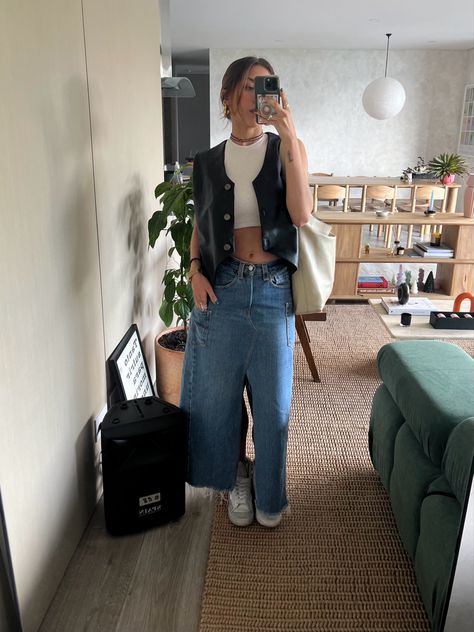 Outfit of the day, denim maxi skirt, leather vest Leather Vest Outfits For Women Fall, Vest And Midi Skirt Outfit, Zip Vest Outfits, Oversized Leather Vest Outfit, Outfits With Leather Vest, Fisher Vest Outfit, Vest And Maxi Skirt Outfit, Leather Waistcoat Outfit Woman, Leather Waistcoat Outfit