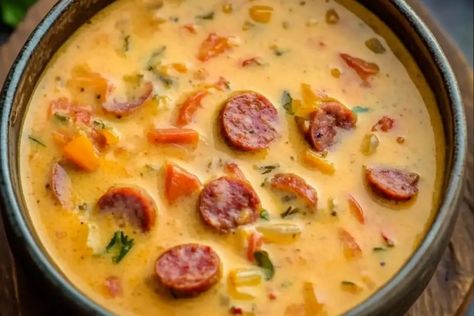 Cheesy Rotel Soup with Smoked Sausage Rotel Soup, Smoked Sausage Soup, Soup With Smoked Sausage, Smoked Sausage Casserole, Rotel Recipes, Sausage Soup Recipes, Cajun Sausage, Sausage Dinner, Red Pepper Soup