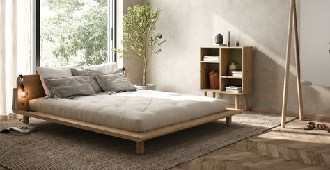 Low Bed Ideas, Japandi Bed, Low Height Bed, Low Bed Frame, Japanese Bed, Futon Bedroom, Japanese Bedroom, Bed Interior, Minimalist Bed