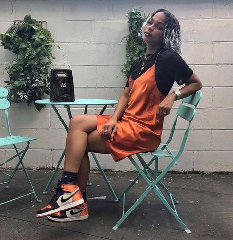 35+ Outfits With Jordans For Women To Wear Right Now Daily Dress Me, Goth Outfit, Sneakers Street, Orange Sneakers, Dresses Fall, Jordan Outfits, Orange Orange, Silk Slip, Daily Dress