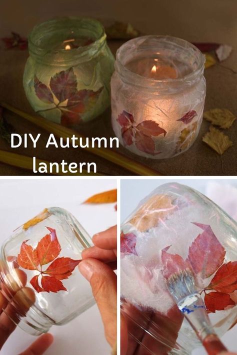 Decorate a glass jar with autumn leaves and rice paper.  You can glue it with a decoupage glue. When the glue is dry, the whole jar gets a milky effect and the leaves will look as if caught in the first autumn frost. Add tealights and enjoy the calming effect. #diyfallideas #autumn #decoupage #autumncrafts Fall Glass Jar Decor, How To Decorate A Glass Jar, Tissue Paper On Glass Jars, Glass Jar Lanterns, Decoupage On Glass Bottles, Glass Jar Lanterns Diy, How To Decorate Glass Jars, How To Frost Glass Jars, Glass Jar Crafts For Kids