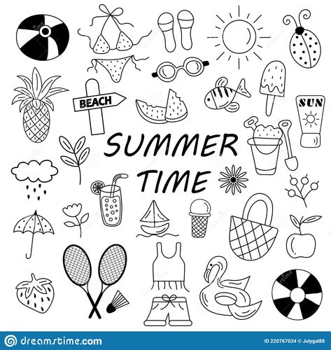 Summer Symbols Drawing, Beach Simple Drawing, Cute Summer Drawings Easy, Beach Doodles Easy, Summer Drawings Doodles, Simple Beach Drawings, Simple Summer Drawings, June Doodles, Beach Drawing Sketches