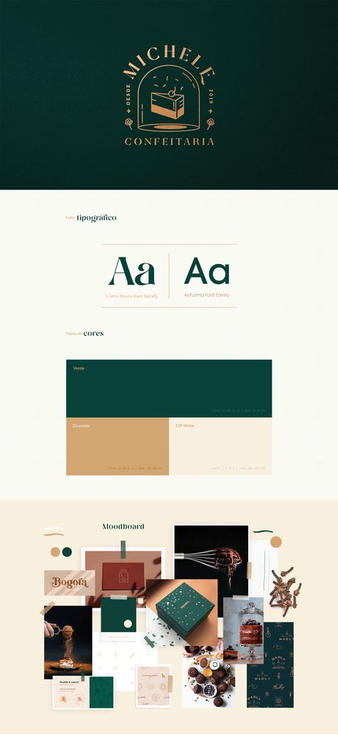 Michele Confeitaria on Behance Emerald Green And Cream Color Palette, Green Website Design Colour Palettes, Brand Sheet Design, Earthy Color Palette Branding, Dark Green Packaging, Green Color Palette Website, Color Palette For Logo Design, Green Gold Colour Palette, Real Estate Mood Board