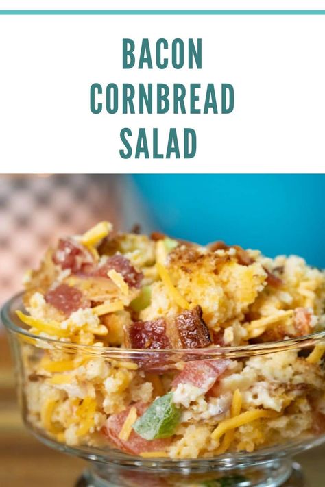 Bacon Cornbread Salad is a great southern classic. Combining fresh salad components with sweet southern cornbread is a win all the way around. Dressed with a mayo dressing and the king of protein, Bacon! #bacon #cornbread #salad #cornbreadsalad #baconcornbreadsalad Southern Cornbread Salad Paula Deen, Cornbread With Bacon Grease, Country Salad Recipes, Cornbread Salad Southern, Jiffy Cornbread Salad Recipe, Cold Cornbread Salad, Cornbread Salad Recipe Paula Deen, Brenda Gantt Cornbread Salad, Cornbread Salad Recipe Southern