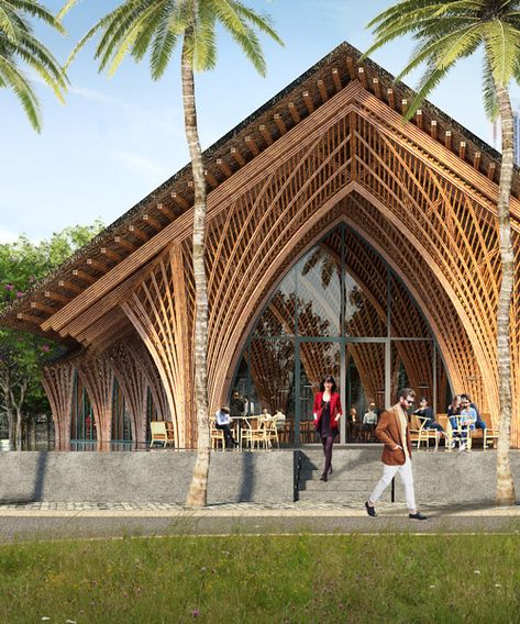 VTN architects' intricately arched restaurant in xiamen uses locally-sourced bamboo Vtn Architects, Bamboo Restaurant, Bamboo Building, Bamboo House Design, Resort Architecture, Bamboo Structure, Bamboo Architecture, Desain Lanskap, Wood Architecture