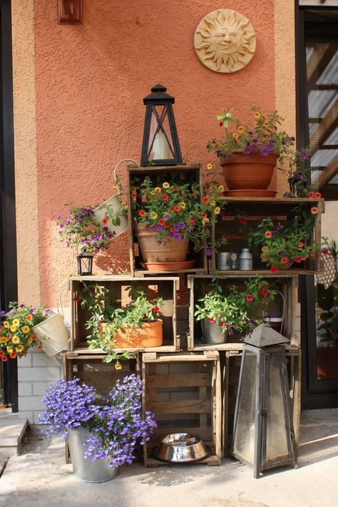 37 Best Rustic Spring Porch Decor Ideas and Designs Potting Area, Wooden Crate Shelves, Rustic Garden Design, Spring Porch Decor, Potted Flowers, Crate Shelves, Have Inspiration, House With Porch, Plants And Flowers