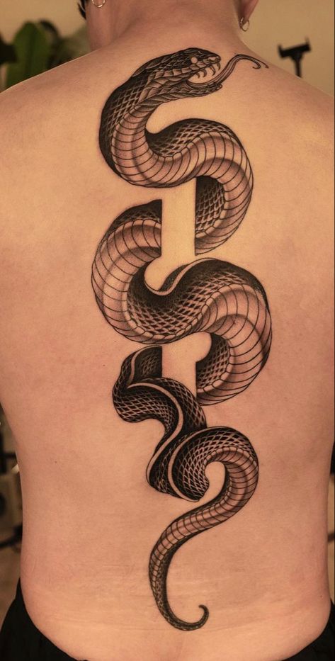 Snake Chain Tattoo, Snake Around The Neck Tattoo, Snake Tattoo Upper Back, Snake Full Back Tattoo, Tattoo Ideas Black, Big Snake Tattoo On Back, Coiled Snake Tattoo, Large Snake Tattoo, Double Headed Snake Tattoo