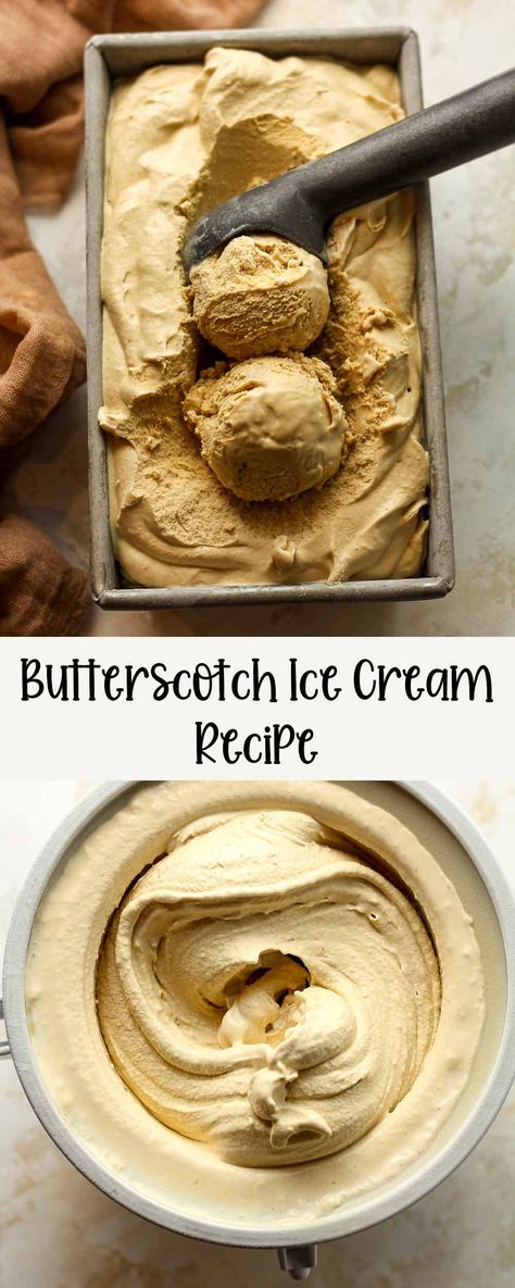 This Butterscotch Ice Cream Recipe is quick and easy to make in any two-quart ice cream machine. It combines the rich, buttery taste of butterscotch with a smooth, creamy texture that the whole family will love! Jenis Ice Cream Recipes, Old Fashion Ice Cream Recipes, Ice Cream Sauces Recipes, Home Made Ice Cream Recipes Kitchenaid, Old Fashion Ice Cream Maker Recipes, Winter Ice Cream Flavors, Cuisant Ice Cream Maker Recipes, Butterscotch Ice Cream Recipe, Sweet Cream Ice Cream Recipe