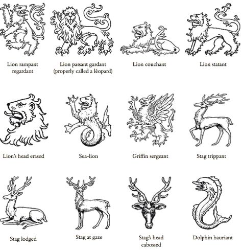 Attitudes of animals. Notice the different terms used for beasts of prey (such as lions) and stags. Heraldic beasts often bear no resemblance to their natural counterparts, as with the heraldic dolphin and the sea-lion, clearly conceived by someone who had never seen the real thing. Family Crest Symbols, Animal Meanings, Heraldry Design, Medieval Artwork, Scottish Ancestry, Own Language, Scottish Clans, Lion Tattoo, Medieval Art