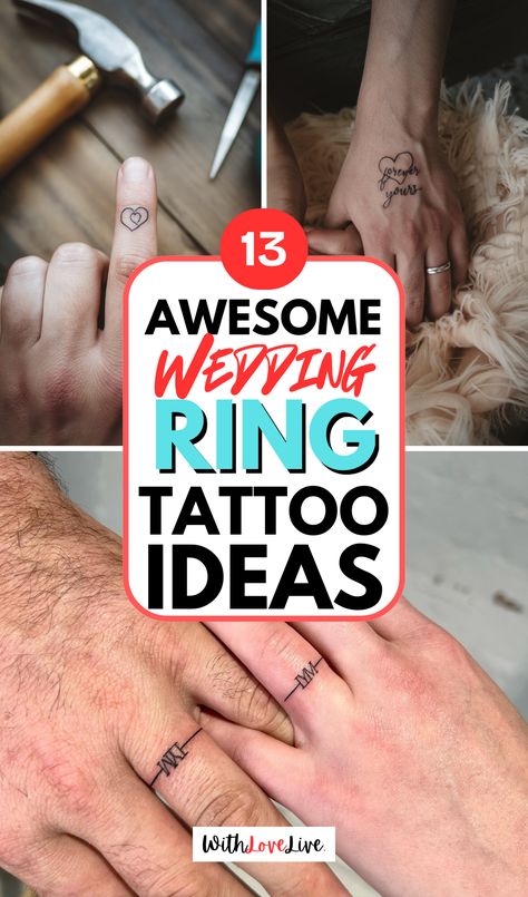 Say "I do" to wedding ring tattoos! Our awesome ideas capture the essence of love and commitment in stunning ink. Whether you prefer bold or delicate designs, there's something for everyone. Find the perfect inspiration and save this pin for your future tattoo plans! Roman Numeral Wedding Band Tattoo, Wedding Rings Tattoo His And Hers, Elegant Wedding Ring Tattoo, Man And Wife Tattoos, Unique Marriage Tattoos, Wedding Ring Tattoo For Women, Tattoo Ideas For Significant Other, Christian Ring Tattoo, Dainty Ring Finger Tattoos For Women