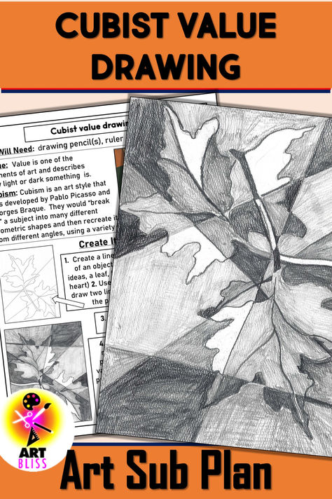 One page, low-prep art sub plan for 4th grade thru 7th grade. Students learn about cubism, value and shading Value Art Lesson Middle School, Drawing Projects For Middle School, Value Scale Drawing, Cubist Drawing, Art Sub Lessons, Value Drawing, Art Sub Plans, 8th Grade Art, Sub Plan