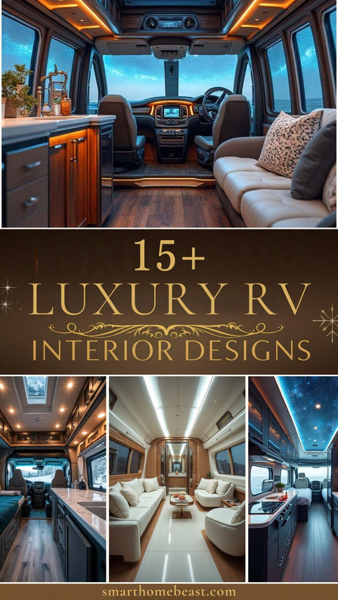 A collage showcasing luxurious RV interiors with modern amenities, plush seating, elegant lighting, and scenic windows, designed to inspire stylish road living. Black And Gold Camper Interior, Futuristic Rv Interior, Custom Rv Interior, Luxury Rv Interior, Rvs Interior, Rv Luxury, Rv House, Luxury Rv Living, Rv Interior Design