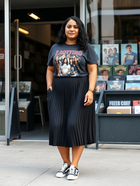 Plus Size Lunch Outfit, Fall Fashion Black Women Plus Size, Skirt And Sneakers Outfit Plus Size, Plus Size Outfits For Night Out, Plus Size Sweater Skirt Outfit, Black T Shirt Dress Outfit Fall, Plus Size Graphic Tee Outfit Ideas, Plus Size Outfits For New York, Fall Outfit Inspo 2024 Plus Size