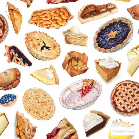 Watercolor Pie Pattern by Kendyll Hillegas Watercolor Pie, Kendyll Hillegas, Cooking Illustration, Pie Drawing, Food Illust, Pies Art, Dessert Illustration, Happy Harvest, Food Sketch