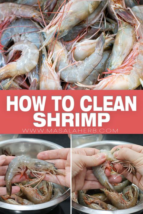 How to devein Shrimp - Guide and tips on how to clean, deshell, devein your fresh raw shrimp and prawns. with video. www.MasalaHerb.com Whole Shrimp With Heads Recipes, How To Prepare Cooked Shrimp, Cleaning Shrimp, Cooking Raw Shrimp On Stove, How To Clean Shrimp, Cleaning Shrimp Easy Way To, Devein Shrimp, Cooking Raw Shrimp, Ways To Cook Shrimp