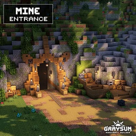 Graysun | Minecraft Content Creator on Instagram: "Minecraft - Mine Entrance🪵🪨 Save this post for later! _________________________________________ 👥️️ - Follow me @graysun.builds 📩 - Save for later 🗣 - Tag someone you would build this with ________________________________________ My builds are available for downloads on Patreon. You can find the link on my bio. _________________________________________ 🌐 - Built on: The Bakery 🎮 - Platform: Minecraft Java edition 🌄 - Shaders: Complement Mine Entrance Design Minecraft, Minecraft Cave Dungeon, Aesthetic Mine Entrance Minecraft, Minecraft Cave City Ideas, Minecraft Ancient Ruins Ideas, Minecraft Building Ideas Mine Entrance, Minecraft Mine Building Ideas, Minecraft Building Mountain, Strip Mine Minecraft