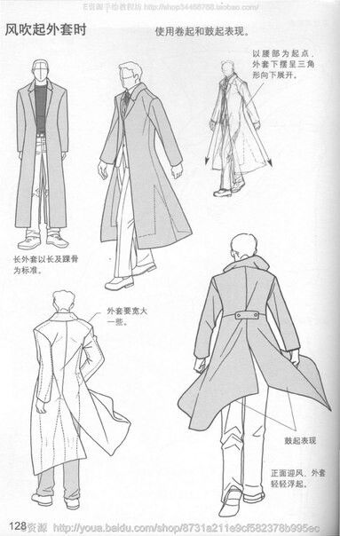 Guy In Sweater Drawing, Anime Slash Effect, Long Jacket Reference Drawing, Coat Folds Reference, Man In Robes Drawing, Male Body Poses Drawing Reference With Clothes, Drawing Trench Coat, Third Person Perspective, Flowing Jacket Reference Drawing