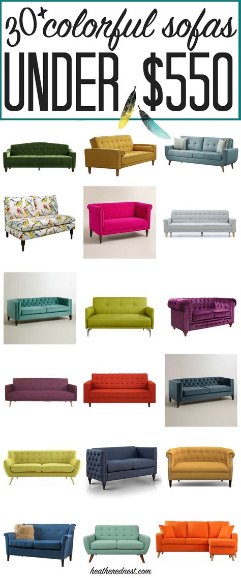 30+ affordable sofas, ALL under $550 each! AMAZING! If you've been searching for a cheap, colorful couch, you've got to save! Want a purple sofa or a green sofa? Want to say YES to a yellow sofa or maybe you're taken with a teal sofa? ALL of them are here!! Rugs For Teal Couch, Living Romm, Living Room Decor Green, Furniture Couches, Room Decor Green, Affordable Sofas, Colorful Couch, Cheap Couch, Green Living Room Decor