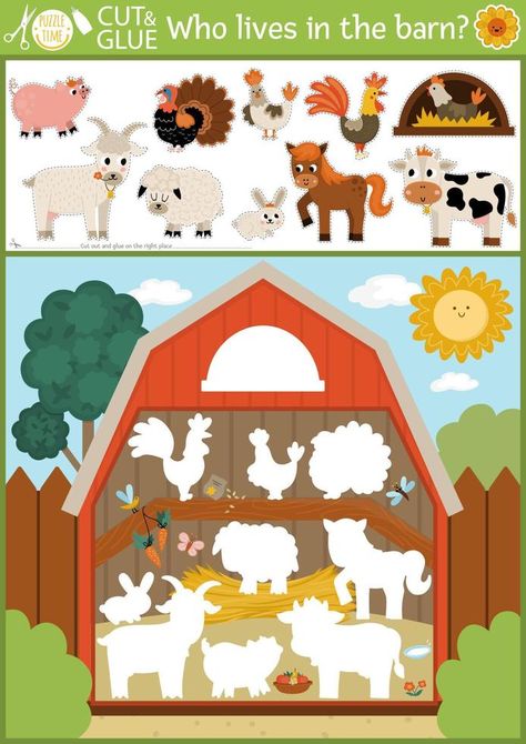 Vector on the farm cut and glue activity. Crafting game with cute farm animals and birds in the barn. Fun printable worksheet. Find right piece of the puzzle. Complete the picture. Who is missing game Animal Puzzle Printable, Farm Animals Games, Farm Animals For Kids, Farm Activities Preschool, Farm Animals Pictures, Animal Pictures For Kids, Farm Animals Preschool, Complete The Picture, Farm Cartoon